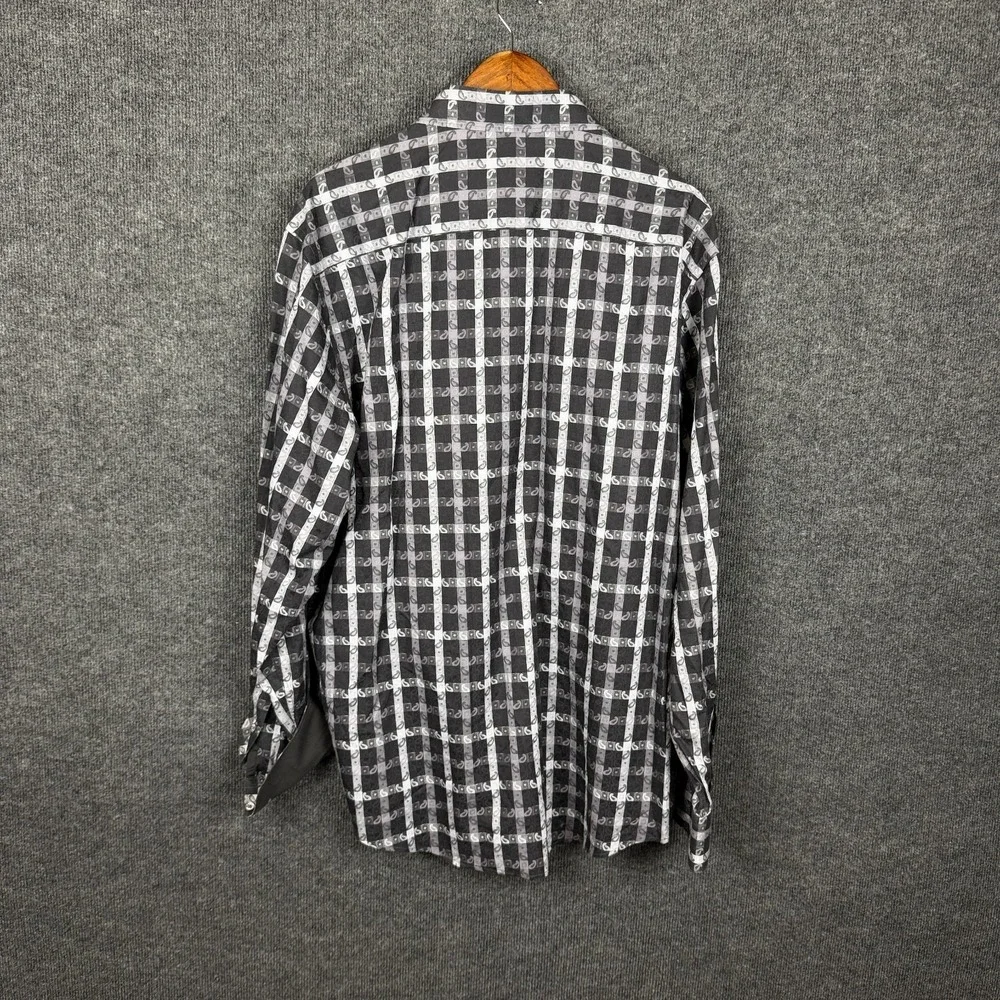 Bugatchi Uomo Shirt Mens XL Black Paisley Plaid Long Sleeve Button Up Stretch